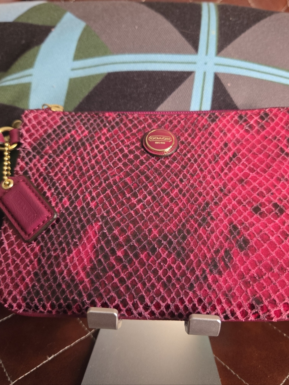Coach Fuchsia Snake-Print Wristlet with Gold Hardware